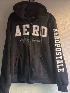 Aeropostale Dark Grey Zip-Up Hoodie with White Logo Text soft Sherpa lining L